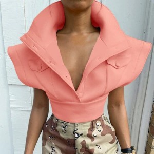Apricot Turn-Down Collar Single Breasted Crop Top Women Flying Sleeve Casual Vest Coat 